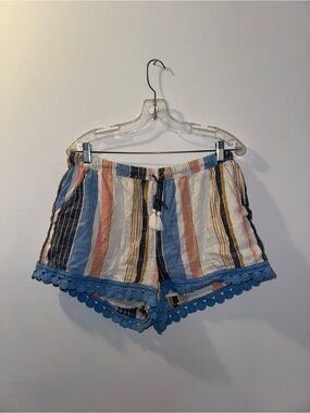 aerie Multicolor Striped High Waist Shorts with Blue Crochet Trim